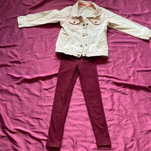 Pink Jean Jacket & Sparkly Maroon Leggings